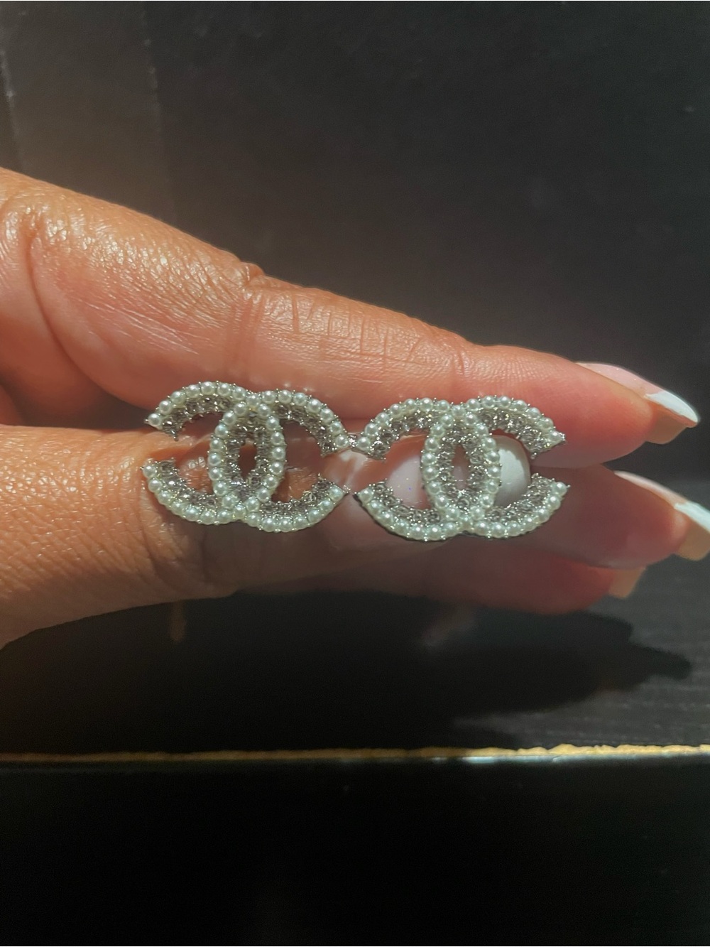 Double CC Crystal and Pearl Earrings in Silver